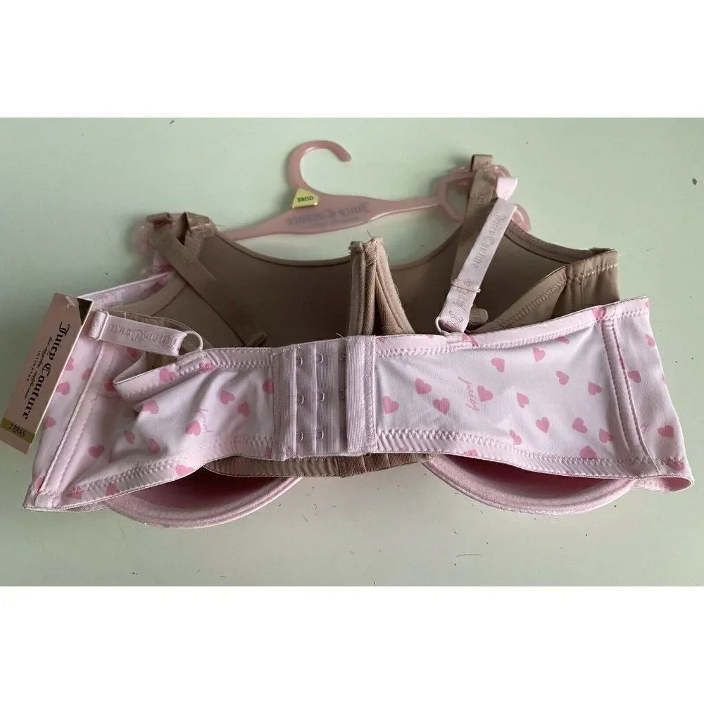 2 Pack Juicy Couture Bra Show Me Off JC3819 Hearts Valentine’s Pink Nude Sz 38DD